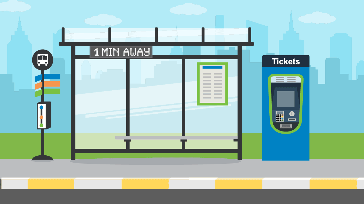 Animation of person arriving for the bus when the sign says 1 minute away