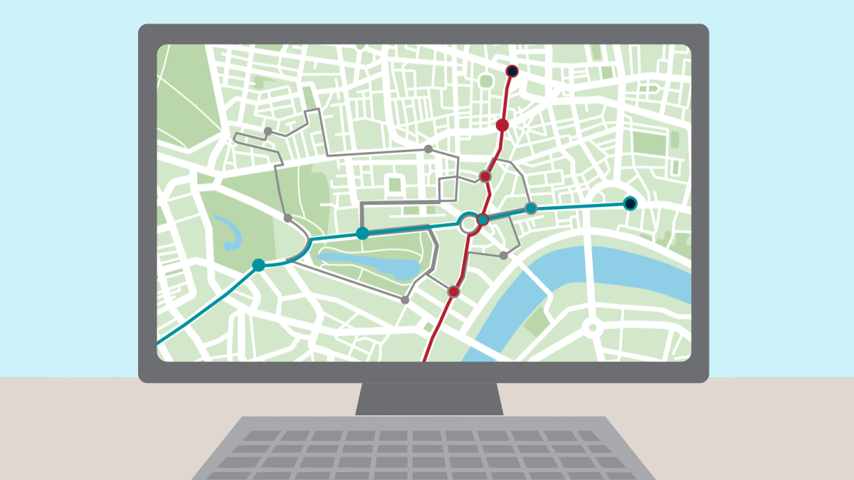 Animation of a computer showing where the buses are on their route