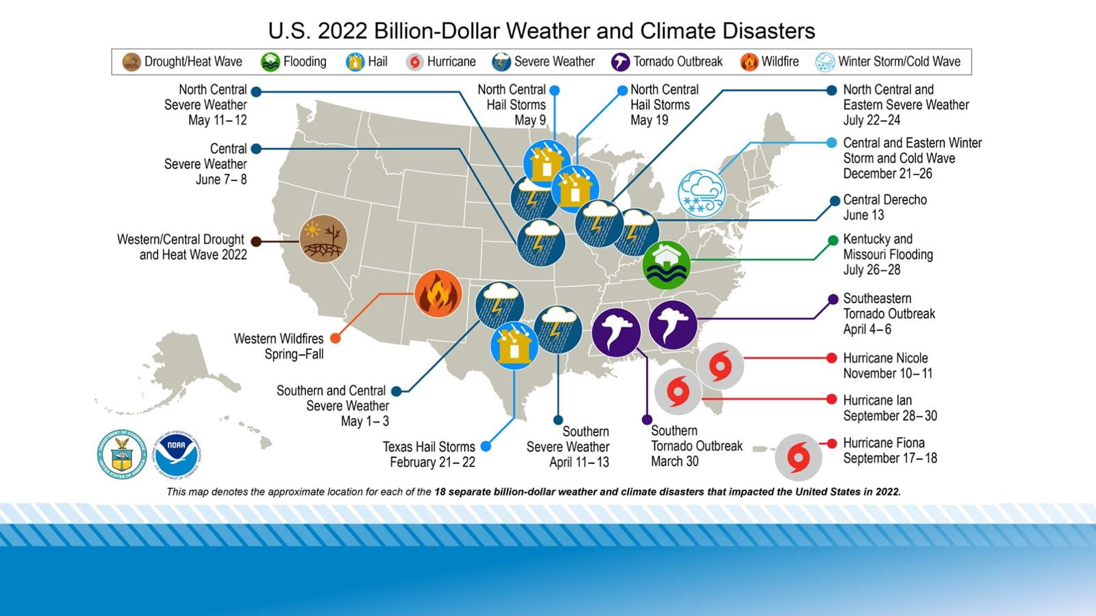 A NOAA National Centers for Environmental Information map showing billion-dollar weather and climate disasters