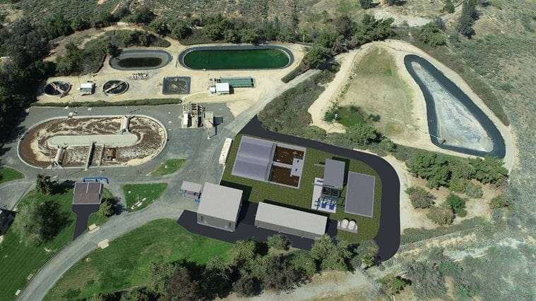 An aerial view of a 3D model overlooking the Horsethief Canyon Water Reclamation Facility.